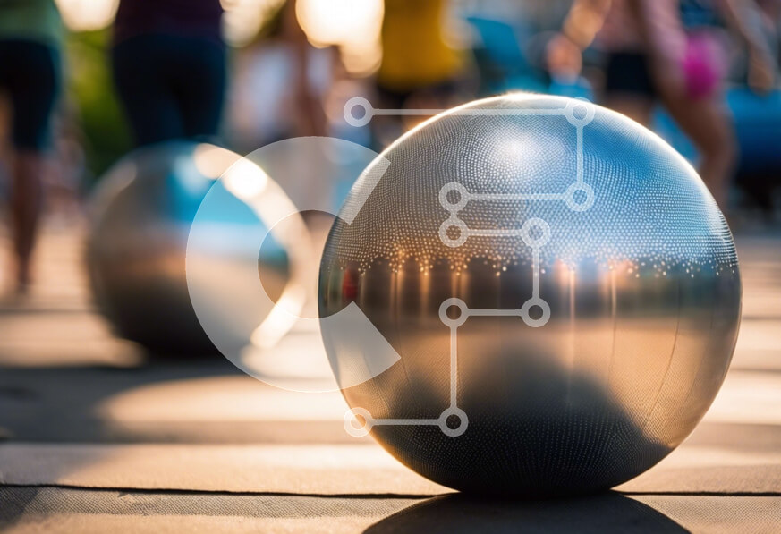 Intra Συλλεκτικό Ξύλινο Παζλ Plywood  4mm - Δύο ασημένιες μπάλες άσκησης στο πεζοδρόμιο με ανθρώπους Σε Ξύλινο Κουτί - Διαστάσεις Puzzle: 10x10 cm – 25 κομμάτια