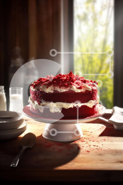 Σετ των 2 Intra Συλλεκτικό Ξύλινο Παζλ Plywood  4mm - Απολαυστική εικόνα κόκκινου βελούδινου κέικ με κρέμα τυριού σε ένα ξύλινο τραπέζι με θέα στο δάσος Σε Ξύλινο Κουτί - Διαστάσεις: 10x10 cm – 25 κομμάτια