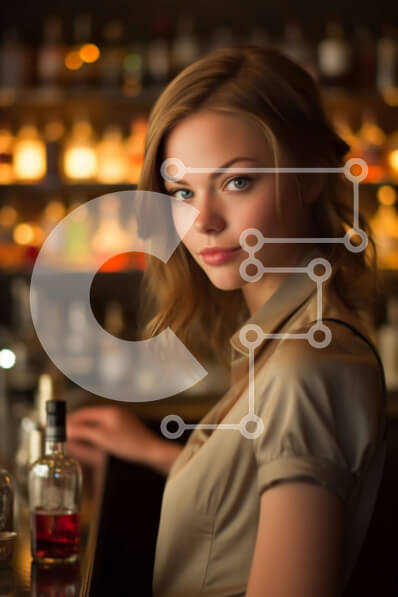 Intra Συλλεκτικό Ξύλινο Παζλ Plywood  4mm - Κομψή νεαρή γυναίκα σε ένα μπαρ με μπουκάλια αλκοόλ Σε Ξύλινο Κουτί - Διαστάσεις Puzzle: 10x10 cm – 25 κομμάτια