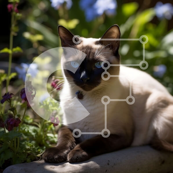 Intra Συλλεκτικό Ξύλινο Παζλ Plywood  4mm - Αξιολάτρευτη σιαμέζα γάτα που απολαμβάνει τον κήπο με τα μπλε λουλούδια στο βάθος Σε Ξύλινο Κουτί - Διαστάσεις: 10x10 cm – 25 κομμάτια