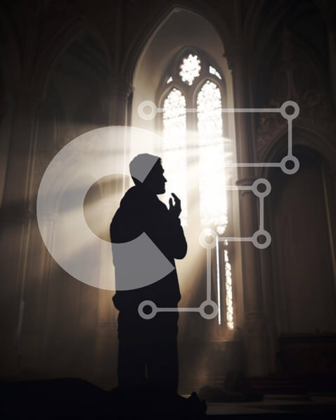 Intra Συλλεκτικό Ξύλινο Παζλ Plywood  4mm - Σκιαγραφημένος άνδρας που προσεύχεται στην περίτεχνα διακοσμημένη εκκλησία Σε Ξύλινο Κουτί - Διαστάσεις Puzzle: 10x10 cm – 25 κομμάτια