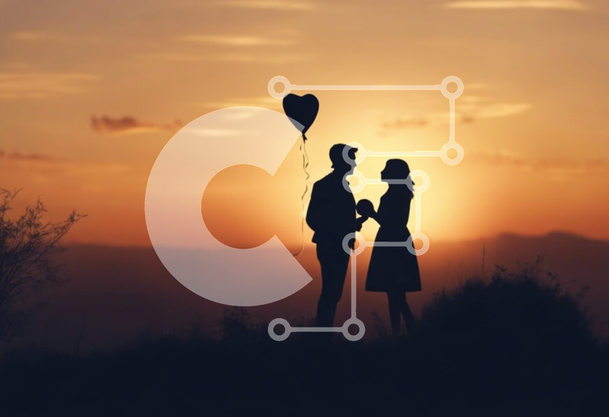 Intra Συλλεκτικό Ξύλινο Παζλ Plywood  4mm - Σιλουέτα ενός ερωτευμένου ζευγαριού στο ηλιοβασίλεμα με μπαλόνι σε σχήμα καρδιάς Σε Ξύλινο Κουτί - Διαστάσεις Puzzle: 10x10 cm – 25 κομμάτια