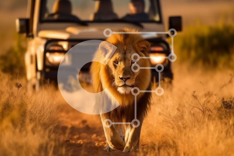 Σετ των 2 Intra Συλλεκτικό Ξύλινο Παζλ Plywood  4mm - Όμορφη εικόνα ενός λιονταριού που περπατά στην αφρικανική σαβάνα Σε Ξύλινο Κουτί - Διαστάσεις: 10x10 cm – 25 κομμάτια