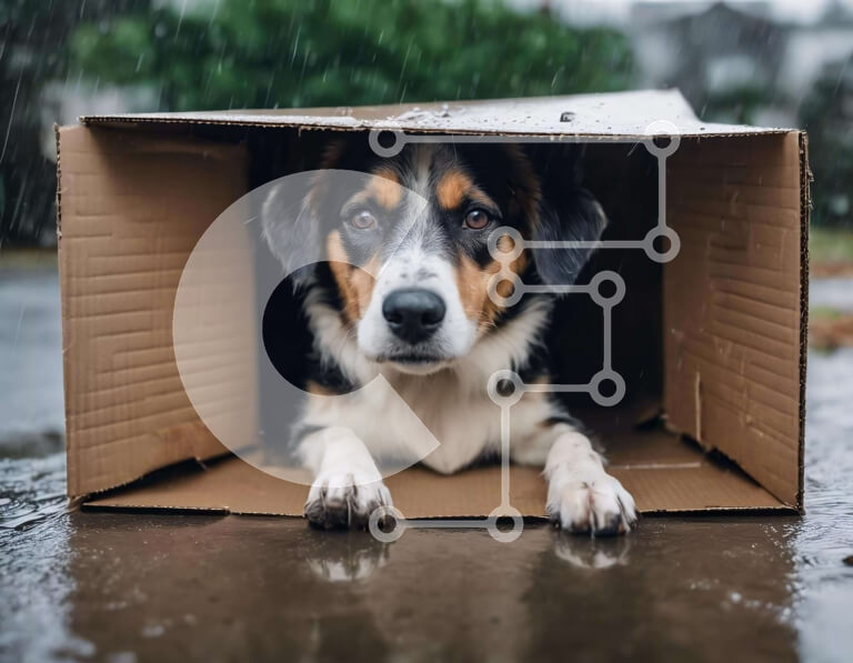 Σετ των 2 Intra Συλλεκτικό Ξύλινο Παζλ Plywood  4mm - Περίεργος σκύλος που κάθεται στο χάρτινο κουτί στη βροχή Σε Ξύλινο Κουτί - Διαστάσεις: 10x10 cm – 25 κομμάτια