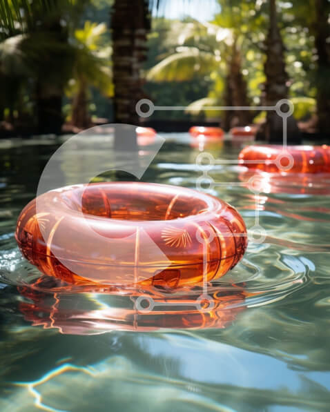 Intra Συλλεκτικό Ξύλινο Παζλ Plywood  4mm - Πολύχρωμα φουσκωτά δαχτυλίδια σε πισίνα που περιβάλλεται από φοίνικες Σε Ξύλινο Κουτί - Διαστάσεις Puzzle: 10x10 cm – 25 κομμάτια