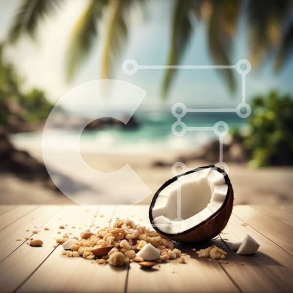 Intra Συλλεκτικό Ξύλινο Παζλ Plywood  4mm - Καρύδα σε ένα ξύλινο τραπέζι με φοίνικες και παραλία στο φόντο Σε Ξύλινο Κουτί - Διαστάσεις: 10x10 cm – 25 κομμάτια