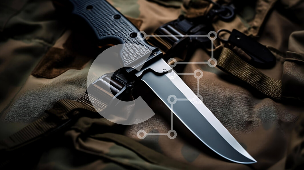 Intra Συλλεκτικό Ξύλινο Παζλ Plywood  4mm - Μαχαίρι στρατιωτικού τύπου σε καμουφλαρισμένο σακίδιο στρατού Σε Ξύλινο Κουτί - Διαστάσεις Puzzle: 10x10 cm – 25 κομμάτια