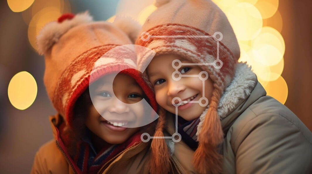 Intra Συλλεκτικό Ξύλινο Παζλ Plywood  4mm - Δύο μικρά παιδιά φορούν χειμωνιάτικα καπέλα και κάθονται μπροστά στο χιονισμένο φόντο Σε Ξύλινο Κουτί - Διαστάσεις Puzzle: 10x10 cm – 25 κομμάτια