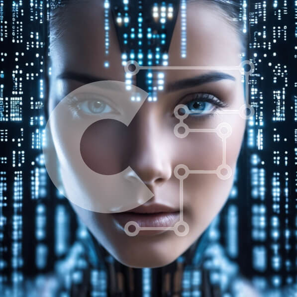 Intra Συλλεκτικό Ξύλινο Παζλ Plywood  4mm - Νεαρή γυναίκα με φουτουριστική τεχνολογία στο πρόσωπό της Σε Ξύλινο Κουτί - Διαστάσεις Puzzle: 10x10 cm – 25 κομμάτια