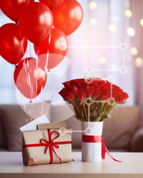 Intra Συλλεκτικό Ξύλινο Παζλ Plywood  4mm - Ρομαντικό μπουκέτο με κόκκινα τριαντάφυλλα με μπαλόνια και δώρα Σε Ξύλινο Κουτί - Διαστάσεις Puzzle: 10x10 cm – 25 κομμάτια