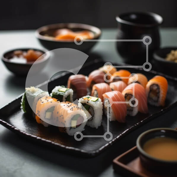 Σετ των 2 Intra Συλλεκτικό Ξύλινο Παζλ Plywood  4mm - Νόστιμα ρολά σούσι με σολομό, τόνο και αβοκάντο σε μαύρο δίσκο Σε Ξύλινο Κουτί - Διαστάσεις: 10x10 cm – 25 κομμάτια