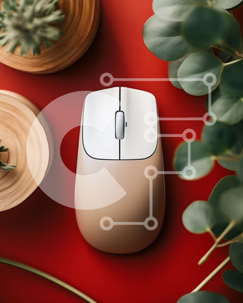 Intra Συλλεκτικό Ξύλινο Παζλ Plywood  4mm - Ποντίκι υπολογιστή σε κόκκινη επιφάνεια με φυτά Σε Ξύλινο Κουτί - Διαστάσεις Puzzle: 10x10 cm – 25 κομμάτια