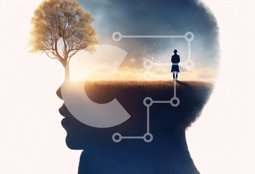 Intra Συλλεκτικό Ξύλινο Παζλ Plywood  4mm - Σιλουέτα ενός ατόμου μπροστά από ένα φανταστικό δέντρο Σε Ξύλινο Κουτί - Διαστάσεις Puzzle: 10x10 cm – 25 κομμάτια