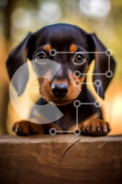 Σετ των 2 Intra Συλλεκτικό Ξύλινο Παζλ Plywood  4mm - Αξιολάτρευτη εικόνα ενός μαύρου και καστανού σκύλου Dachshund σε έναν ξύλινο φράκτη Σε Ξύλινο Κουτί - Διαστάσεις: 10x10 cm – 25 κομμάτια