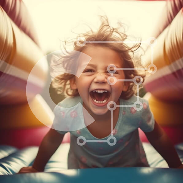 Intra Συλλεκτικό Ξύλινο Παζλ Plywood  4mm - Χαρούμενη εικόνα ενός νεαρού κοριτσιού που παίζει σε ένα φουσκωτό κάστρο Σε Ξύλινο Κουτί - Διαστάσεις Puzzle: 10x10 cm – 25 κομμάτια