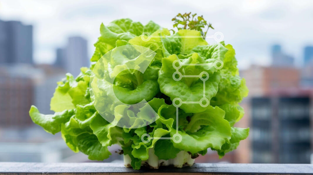 Intra Συλλεκτικό Ξύλινο Παζλ Plywood  4mm - Πράσινο φυτό μαρουλιού σε ξύλινη προεξοχή με φόντο αστικό τοπίο Σε Ξύλινο Κουτί - Διαστάσεις: 10x10 cm – 25 κομμάτια