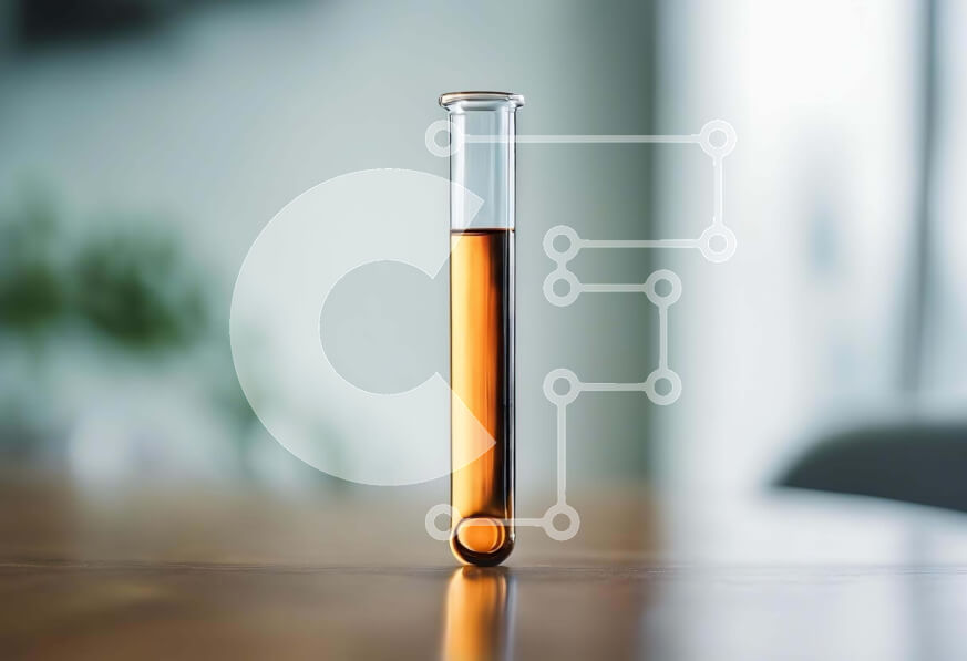 Intra Συλλεκτικό Ξύλινο Παζλ Plywood  4mm - Δοκιμαστικός σωλήνας με πορτοκαλί υγρό σε ξύλινο τραπέζι Σε Ξύλινο Κουτί - Διαστάσεις Puzzle: 10x10 cm – 25 κομμάτια