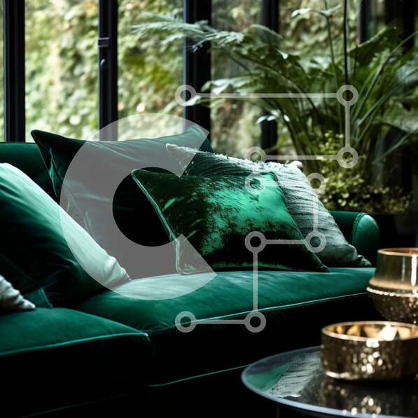 Intra Συλλεκτικό Ξύλινο Παζλ Plywood  4mm - Άνετος πράσινος βελούδινος καναπές σε δωμάτιο με θέα στον κήπο Σε Ξύλινο Κουτί - Διαστάσεις Puzzle: 10x10 cm – 25 κομμάτια