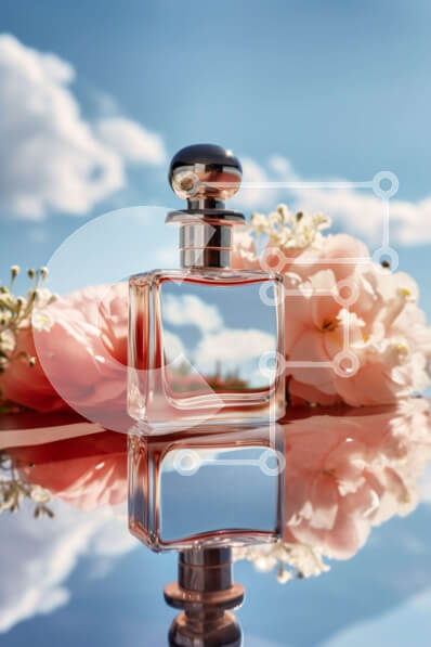 Intra Συλλεκτικό Ξύλινο Παζλ Plywood  4mm - Ροζ μπουκάλι αρώματος σε τραπέζι με όμορφο λουλουδάτο φόντο Σε Ξύλινο Κουτί - Διαστάσεις Puzzle: 10x10 cm – 25 κομμάτια