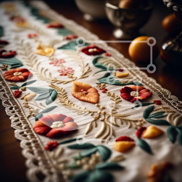 Intra Συλλεκτικό Ξύλινο Παζλ Plywood  4mm - Κομψό Λευκό Τραπέζι Runner με φλοράλ κέντημα και φρέσκα πορτοκάλια Σε Ξύλινο Κουτί - Διαστάσεις Puzzle: 10x10 cm – 25 κομμάτια