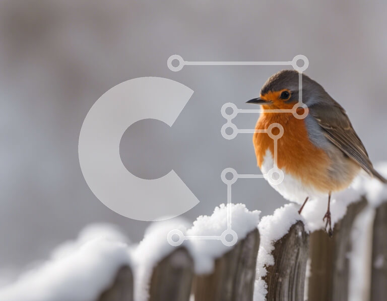 Intra Συλλεκτικό Ξύλινο Παζλ Plywood  4mm - Μικρό πουλί σκαρφαλωμένο σε έναν χιονισμένο ξύλινο φράκτη Σε Ξύλινο Κουτί - Διαστάσεις: 10x10 cm – 25 κομμάτια