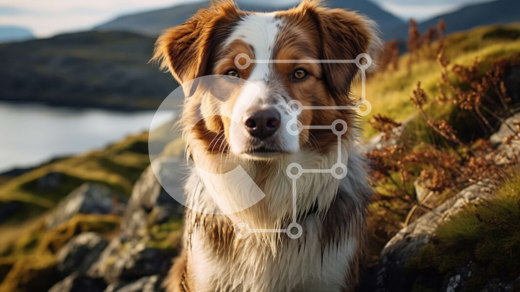 Σετ των 2 Intra Συλλεκτικό Ξύλινο Παζλ Plywood  4mm - Καφέ και άσπρο σκυλί που κάθεται στον βράχο βράχου με θέα στο βουνό Σε Ξύλινο Κουτί - Διαστάσεις: 10x10 cm – 25 κομμάτια