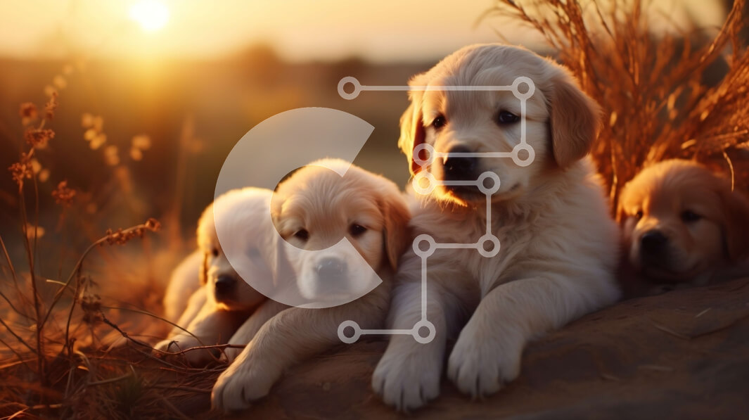 Intra Συλλεκτικό Ξύλινο Παζλ Plywood  4mm - Γκόλντεν Ριτρίβερ κουτάβια στο γρασίδι στο ηλιοβασίλεμα Σε Ξύλινο Κουτί - Διαστάσεις: 10x10 cm – 25 κομμάτια