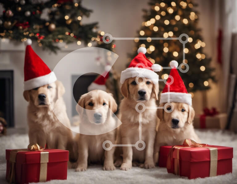 Σετ των 2 Intra Συλλεκτικό Ξύλινο Παζλ Plywood  4mm - Σκυλιά Γκόλντεν Ριτρίβερ που φορούν καπέλα Άγιου Βασίλη μπροστά από ένα χριστουγεννιάτικο δέντρο Σε Ξύλινο Κουτί - Διαστάσεις: 10x10 cm – 25 κομμάτια