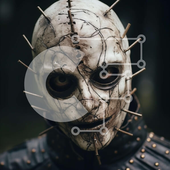 Σετ των 2 Intra Συλλεκτικό Ξύλινο Παζλ Plywood  4mm - Άτομο με μαύρο δερμάτινο μπουφάν και ακίδες, που φορά μάσκα με κέρατα Σε Ξύλινο Κουτί - Διαστάσεις: 10x10 cm – 25 κομμάτια