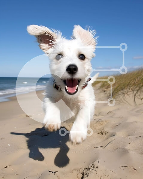 Σετ των 2 Intra Συλλεκτικό Ξύλινο Παζλ Plywood  4mm - Ενθουσιασμένος λευκός σκύλος που τρέχει στην παραλία Σε Ξύλινο Κουτί - Διαστάσεις: 10x10 cm – 25 κομμάτια