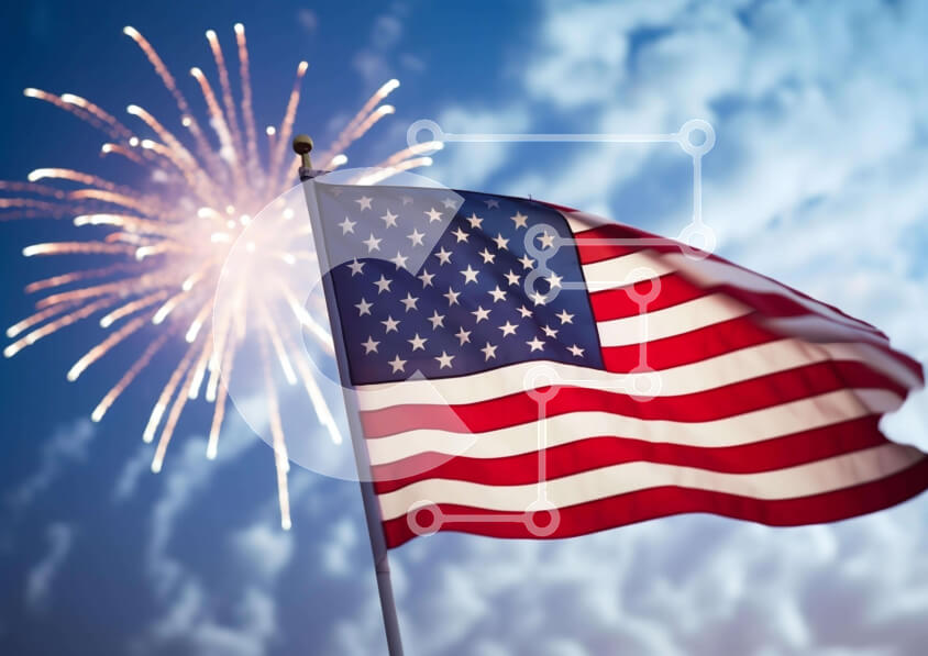 Intra Συλλεκτικό Ξύλινο Παζλ Plywood  4mm - Αμερικανική σημαία και πυροτεχνήματα την ημέρα της ανεξαρτησίας Σε Ξύλινο Κουτί - Διαστάσεις: 10x10 cm – 25 κομμάτια