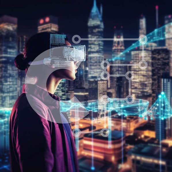 Intra Συλλεκτικό Ξύλινο Παζλ Plywood  4mm - Γυναίκα που φοράει γυαλιά VR μπροστά από τον φωτισμένο ορίζοντα της πόλης τη νύχτα Σε Ξύλινο Κουτί - Διαστάσεις Puzzle: 10x10 cm – 25 κομμάτια