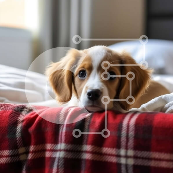 Intra Συλλεκτικό Ξύλινο Παζλ Plywood  4mm - Αξιολάτρευτη εικόνα ενός χαρούμενου σκύλου σε μια κόκκινη και άσπρη καρό κουβέρτα σε ένα δωμάτιο ξενοδοχείου Σε Ξύλινο Κουτί - Διαστάσεις: 10x10 cm – 25 κομμάτια