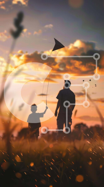 Intra Συλλεκτικό Ξύλινο Παζλ Plywood  4mm - Πατέρας και γιος που πετούν χαρταετό στο ηλιοβασίλεμα στο Grassy Field Σε Ξύλινο Κουτί - Διαστάσεις Puzzle: 10x10 cm – 25 κομμάτια