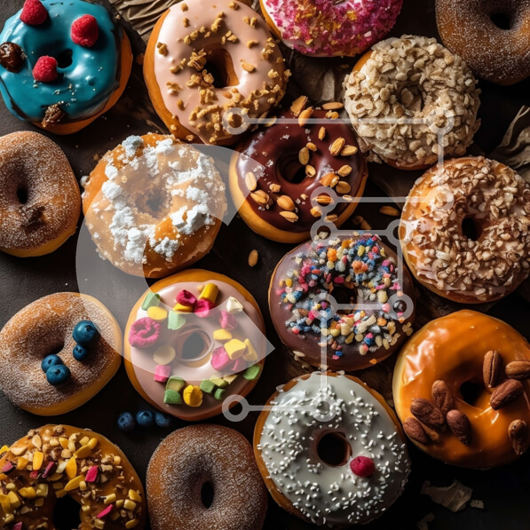 Σετ των 2 Intra Συλλεκτικό Ξύλινο Παζλ Plywood  4mm - Νόστιμα ντόνατς με ψεκασμούς, τσιπς σοκολάτας και ξηρούς καρπούς σε σκούρο φόντο Σε Ξύλινο Κουτί - Διαστάσεις: 10x10 cm – 25 κομμάτια