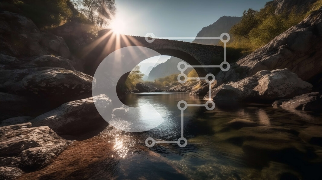 Intra Συλλεκτικό Ξύλινο Παζλ Plywood  4mm - Όμορφη θέα ενός ποταμού που ρέει μέσα από ένα βραχώδες φαράγγι με πέτρινη αψιδωτή γέφυρα στο προσκήνιο Σε Ξύλινο Κουτί - Διαστάσεις: 10x10 cm – 25 κομμάτια