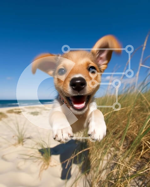 Σετ των 2 Intra Συλλεκτικό Ξύλινο Παζλ Plywood  4mm - Αξιολάτρευτη εικόνα ενός χαρούμενου σκύλου που τρέχει στην παραλία Σε Ξύλινο Κουτί - Διαστάσεις: 10x10 cm – 25 κομμάτια