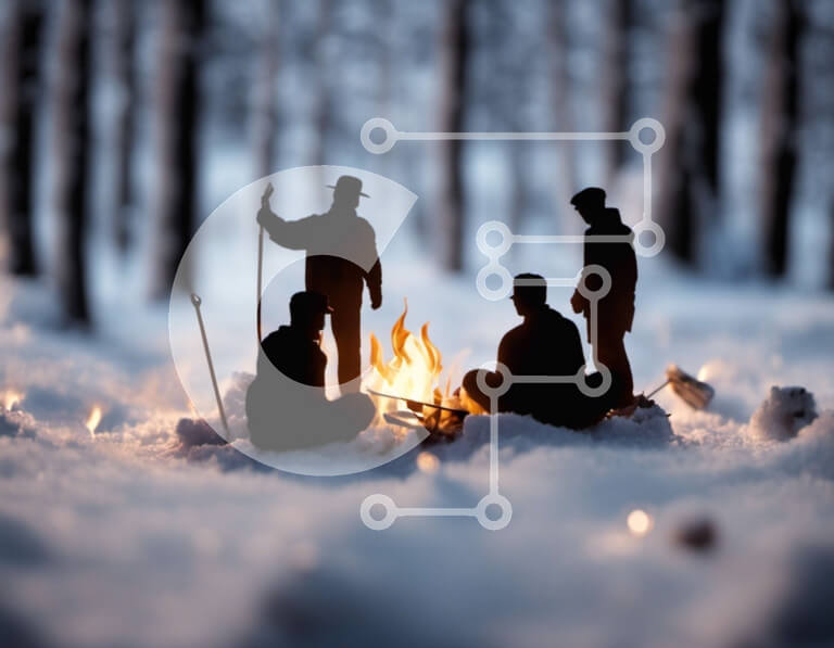 Intra Συλλεκτικό Ξύλινο Παζλ Plywood  4mm - Ομάδα ανθρώπων γύρω από τη φωτιά στο χιονισμένο δάσος Σε Ξύλινο Κουτί - Διαστάσεις: 10x10 cm – 25 κομμάτια