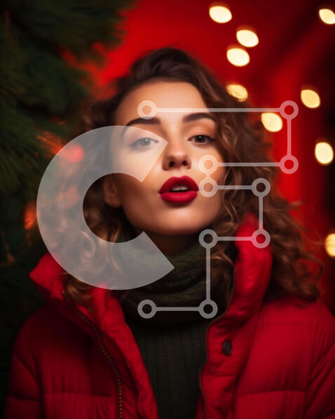 Intra Συλλεκτικό Ξύλινο Παζλ Plywood  4mm - Όμορφη γυναίκα στα κόκκινα με το διακοσμημένο χριστουγεννιάτικο δέντρο Σε Ξύλινο Κουτί - Διαστάσεις: 10x10 cm – 25 κομμάτια