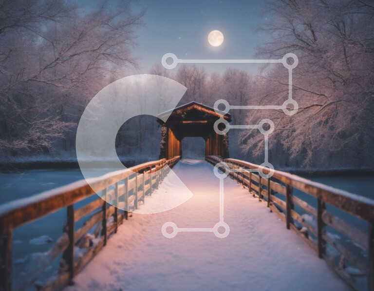 Intra Συλλεκτικό Ξύλινο Παζλ Plywood  4mm - Ξύλινη γέφυρα στο χιονισμένο δάσος που φωτίζεται από την πανσέληνο Σε Ξύλινο Κουτί - Διαστάσεις: 10x10 cm – 25 κομμάτια