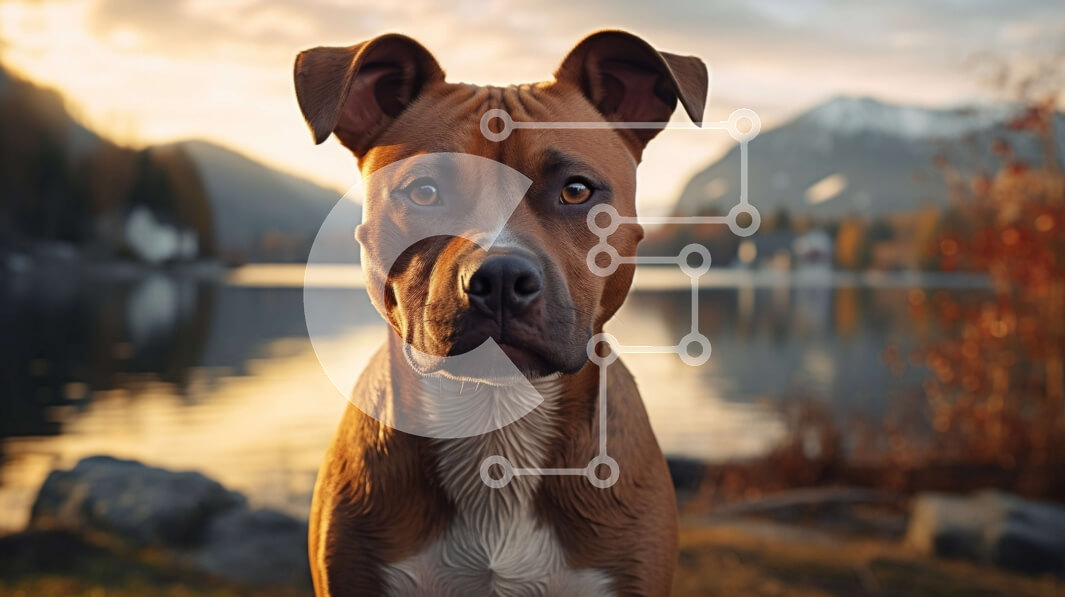 Intra Συλλεκτικό Ξύλινο Παζλ Plywood  4mm - Σοβαρό καφέ και λευκό σκυλί που στέκεται μπροστά από μια λίμνη με βουνά Σε Ξύλινο Κουτί - Διαστάσεις: 10x10 cm – 25 κομμάτια