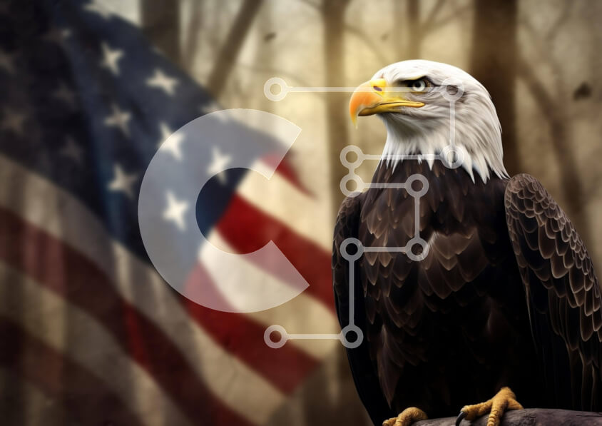 Intra Συλλεκτικό Ξύλινο Παζλ Plywood  4mm - Αετός στο κλαδί δέντρου μπροστά από την αμερικανική σημαία Σε Ξύλινο Κουτί - Διαστάσεις: 10x10 cm – 25 κομμάτια