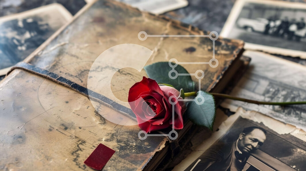 Intra Συλλεκτικό Ξύλινο Παζλ Plywood  4mm - Vintage κόκκινο τριαντάφυλλο στο παλιό βιβλίο με οικογενειακές φωτογραφίες Σε Ξύλινο Κουτί - Διαστάσεις Puzzle: 10x10 cm – 25 κομμάτια