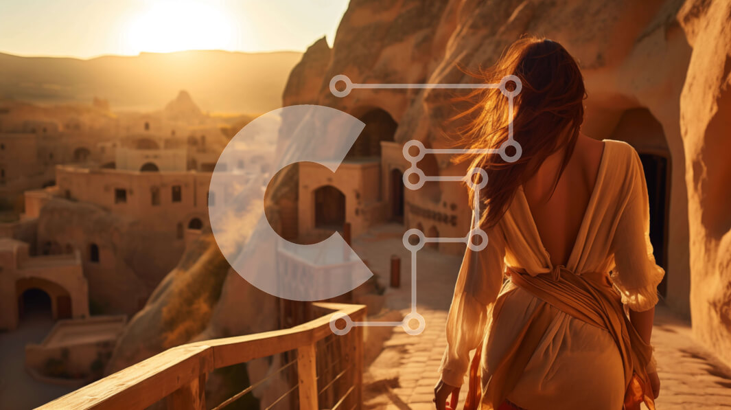 Intra Συλλεκτικό Ξύλινο Παζλ Plywood  4mm - Γυναίκα που περπατά κάτω από τα σκαλοπάτια μιας αρχαίας πόλης στην Καππαδοκία, Τουρκία Σε Ξύλινο Κουτί - Διαστάσεις Puzzle: 10x10 cm – 25 κομμάτια