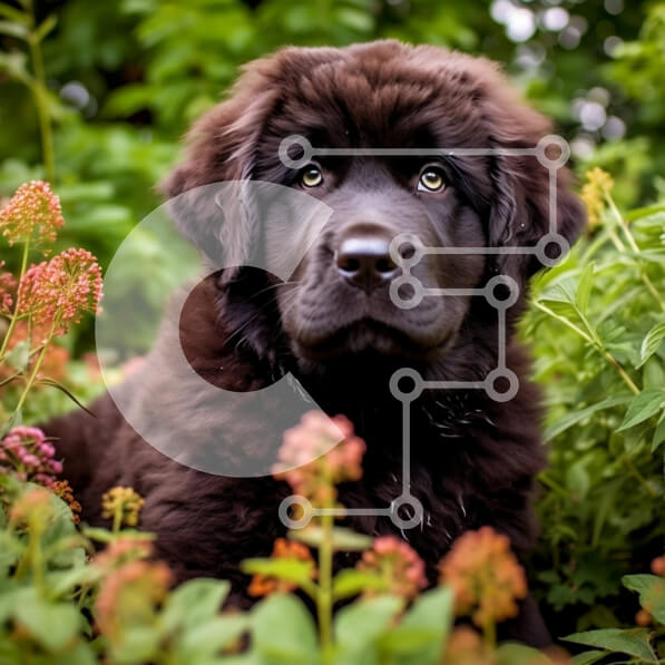 Intra Συλλεκτικό Ξύλινο Παζλ Plywood  4mm - Αξιολάτρευτο μαύρο κουτάβι της Νέας Γης σε ένα χωράφι με λουλούδια Σε Ξύλινο Κουτί - Διαστάσεις: 10x10 cm – 25 κομμάτια