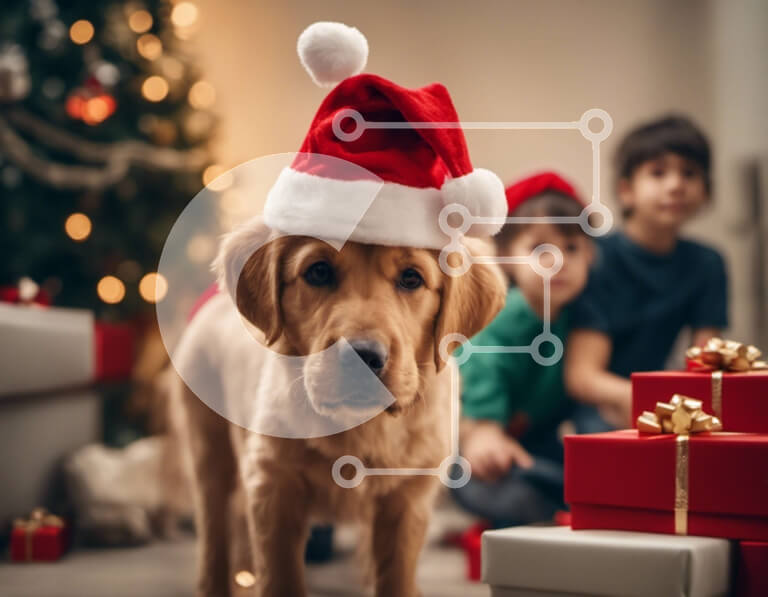 Σετ των 2 Intra Συλλεκτικό Ξύλινο Παζλ Plywood  4mm - Σκύλος Γκόλντεν Ριτρίβερ με παιδιά και δώρα Σε Ξύλινο Κουτί - Διαστάσεις: 10x10 cm – 25 κομμάτια