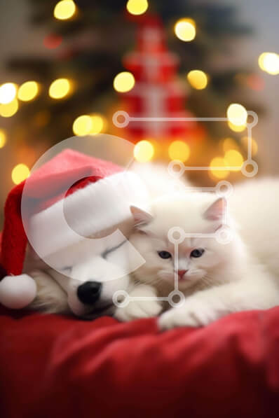 Σετ των 2 Intra Συλλεκτικό Ξύλινο Παζλ Plywood  4mm - Λευκή γάτα και σκύλος με καπέλα Άγιου Βασίλη που κοιμούνται μαζί Σε Ξύλινο Κουτί - Διαστάσεις: 10x10 cm – 25 κομμάτια