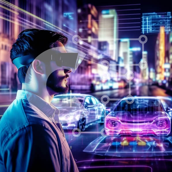 Intra Συλλεκτικό Ξύλινο Παζλ Plywood  4mm - Φουτουριστική εικόνα ανθρώπου σε VR Goggles που παρακολουθεί αυτόνομο αυτοκίνητο τη νύχτα Σε Ξύλινο Κουτί - Διαστάσεις Puzzle: 10x10 cm – 25 κομμάτια