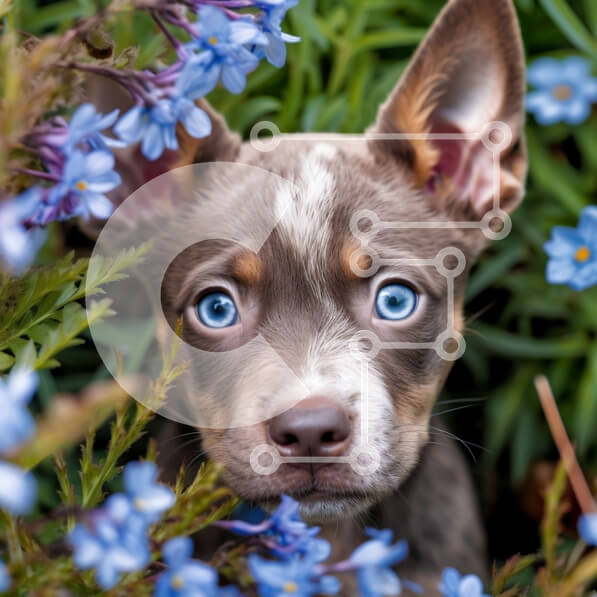 Intra Συλλεκτικό Ξύλινο Παζλ Plywood  4mm - Αξιολάτρευτη εικόνα ενός σκύλου που κρυφοκοιτάζει πίσω από τα μπλε λουλούδια Σε Ξύλινο Κουτί - Διαστάσεις: 10x10 cm – 25 κομμάτια