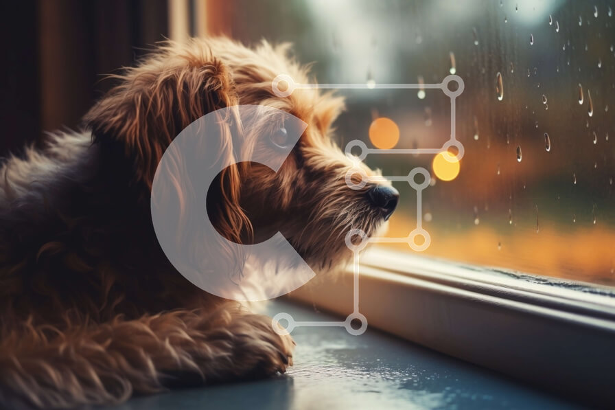 Σετ των 2 Intra Συλλεκτικό Ξύλινο Παζλ Plywood  4mm - Αξιολάτρευτη εικόνα ενός σκύλου που παρακολουθεί τη βροχή Σε Ξύλινο Κουτί - Διαστάσεις: 10x10 cm – 25 κομμάτια